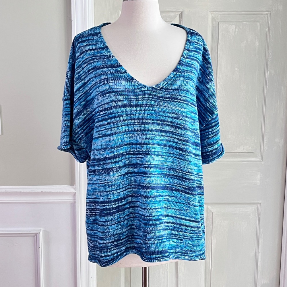 Talbots V-Neck Sweater 2X Womens Space Dye Short Sleeve Blue Coastal Knit NEW